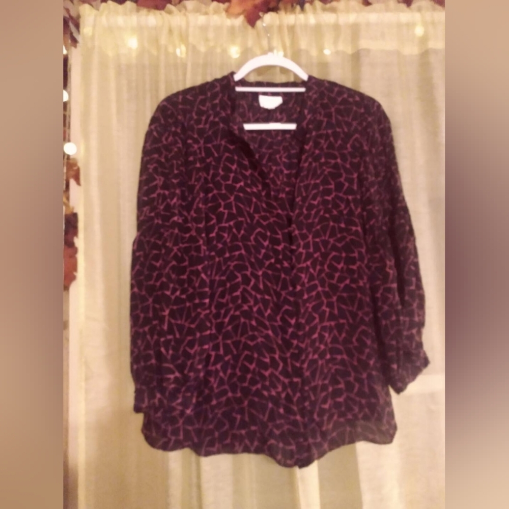 Parker Size S Blouse Button Loop 100% Silk Purple & Black